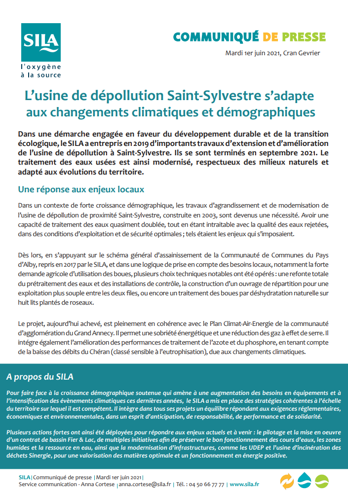 Communiqué de Presse, L'usine de dépollution de Saint-Sylvestre s'adapte aux changements climatiques et démographiques