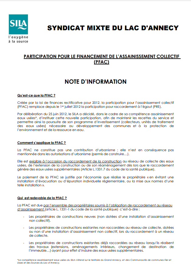 Note d'information Participation pour le financement de l'assainissement collectif PFAC